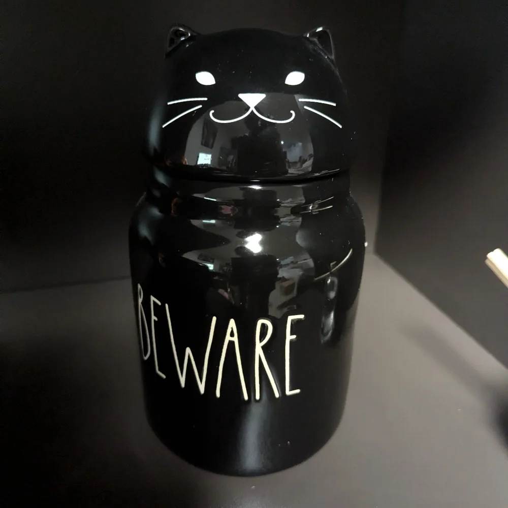 new RAE DUNN 7in Beware Cat Canister With Lid Halloween decor snack jar